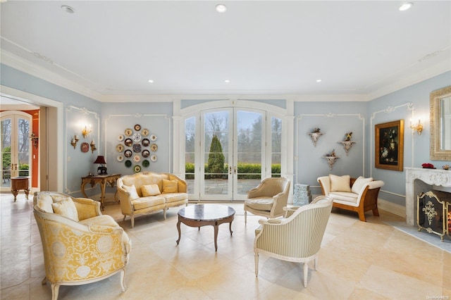 living room featuring french doors and ornamental molding