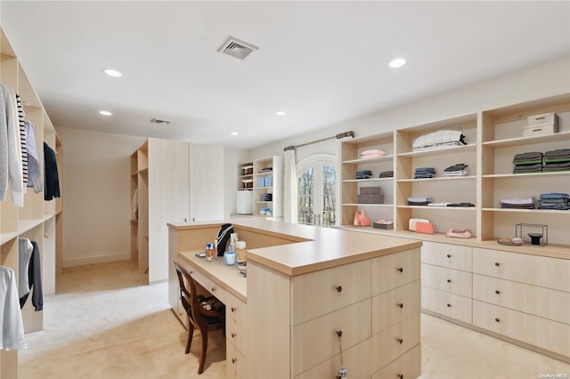 walk in closet with light colored carpet