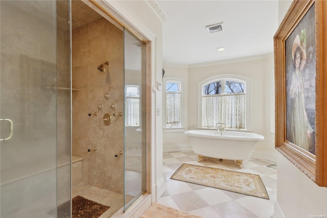 bathroom featuring separate shower and tub and crown molding