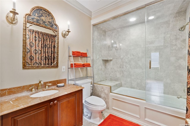 full bathroom featuring vanity, toilet, ornamental molding, and enclosed tub / shower combo