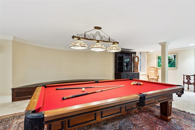 rec room with crown molding and pool table