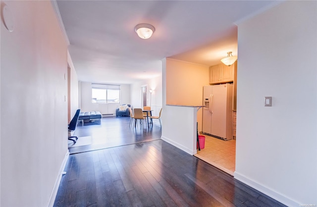 hallway featuring hardwood / wood-style flooring and ornamental molding