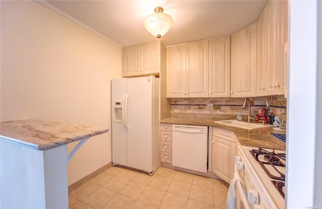 kitchen featuring white cabinets, white appliances, and sink