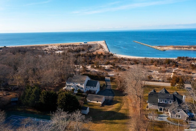 aerial view with a view of the beach and a water view