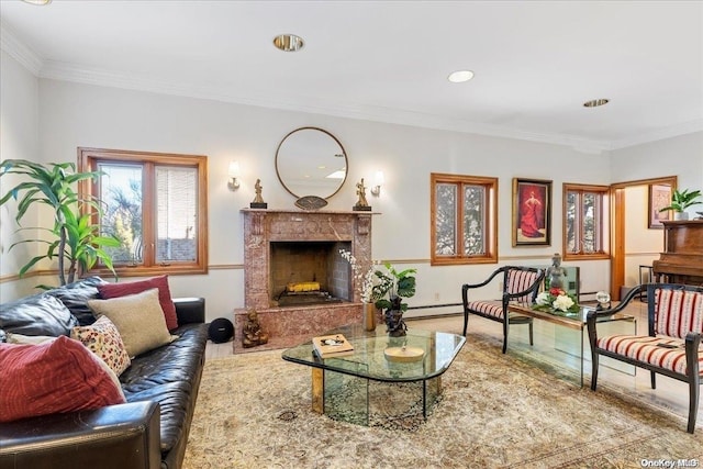 living room with a premium fireplace, wood-type flooring, and ornamental molding