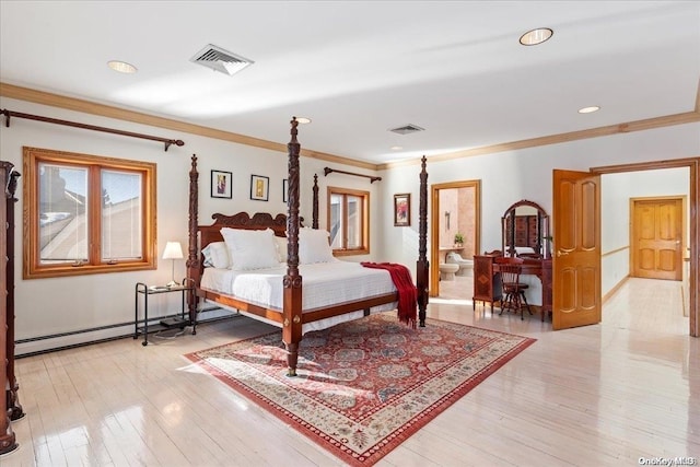 bedroom featuring light wood-type flooring, baseboard heating, and crown molding