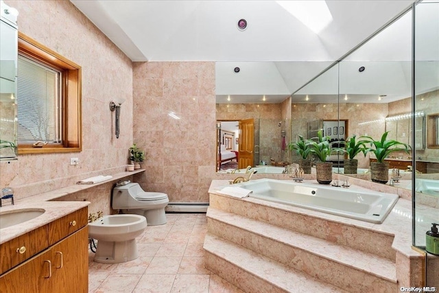 bathroom with lofted ceiling, a bidet, tile patterned floors, baseboard heating, and tile walls