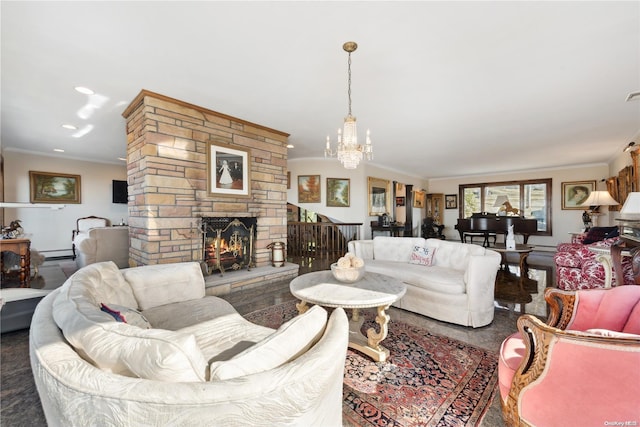 living room with an inviting chandelier, a baseboard radiator, a stone fireplace, and ornamental molding