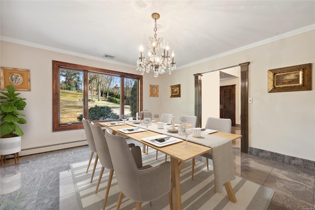 dining space featuring a chandelier, decorative columns, baseboard heating, and ornamental molding