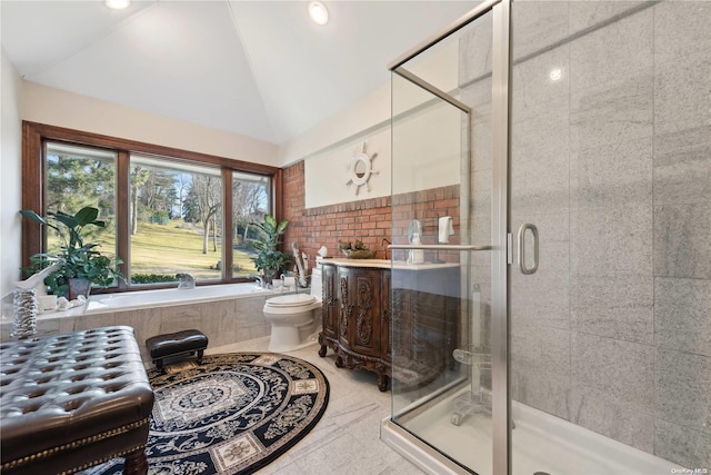 bathroom featuring tile patterned flooring, shower with separate bathtub, vaulted ceiling, and tile walls