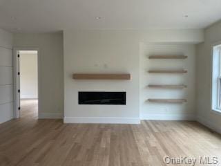 unfurnished living room featuring wood-type flooring and built in features