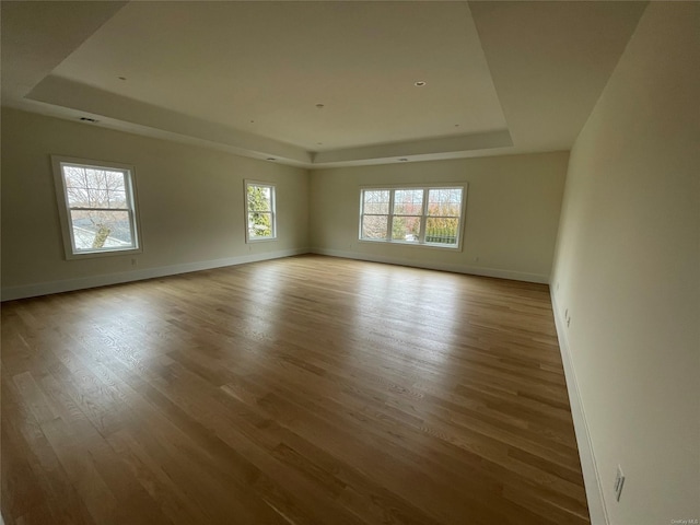 unfurnished room with a raised ceiling, baseboards, and light wood finished floors