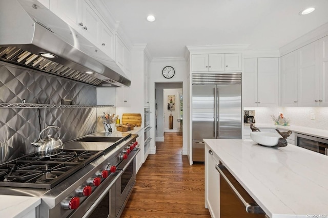 kitchen with dark hardwood / wood-style flooring, tasteful backsplash, light stone counters, premium appliances, and crown molding