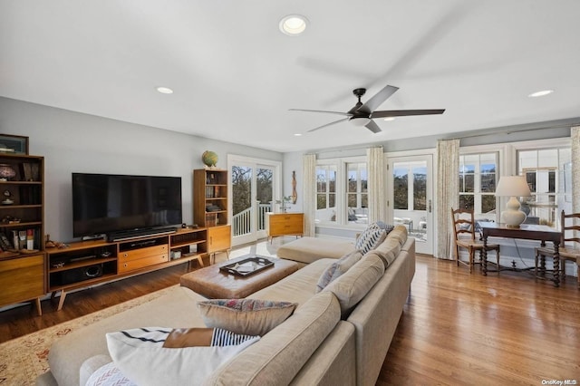 living room featuring ceiling fan and wood-type flooring