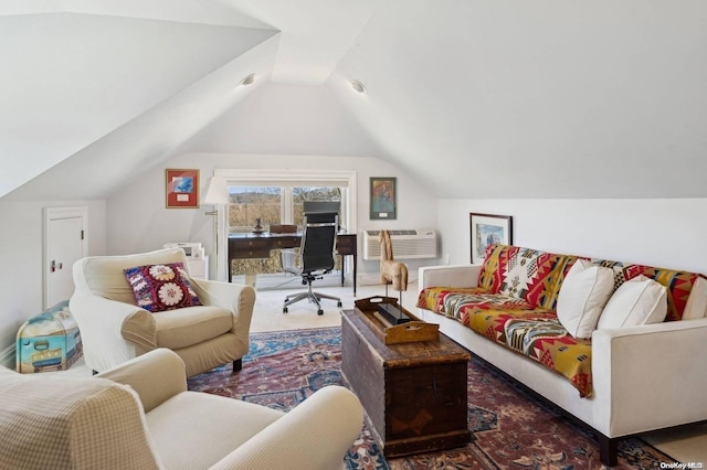 living room with dark carpet, vaulted ceiling, and an AC wall unit