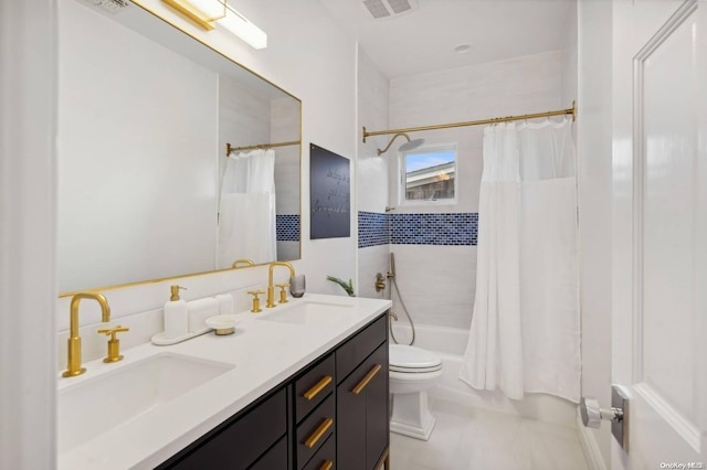 full bathroom with vanity, toilet, and shower / bathtub combination with curtain