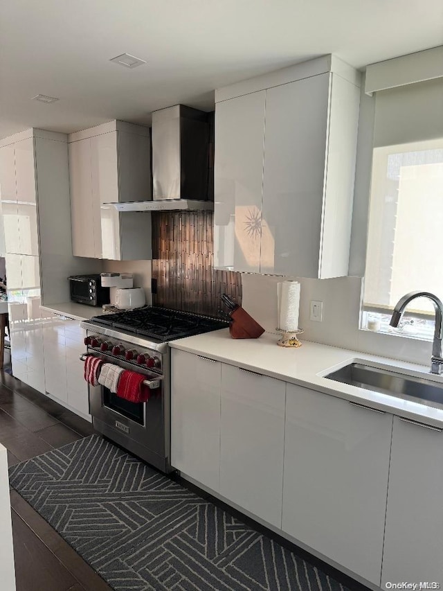 kitchen with white cabinets, wall chimney exhaust hood, sink, and premium range