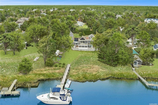 birds eye view of property with a water view