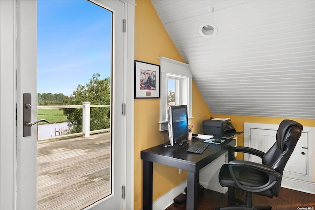 office space with hardwood / wood-style floors and lofted ceiling