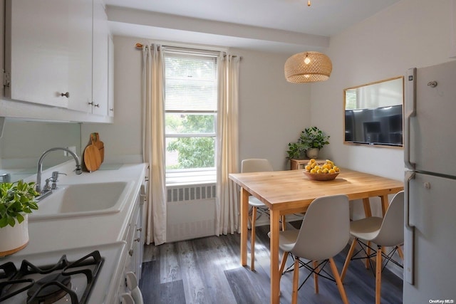 interior space with white appliances, radiator, white cabinets, sink, and dark hardwood / wood-style floors