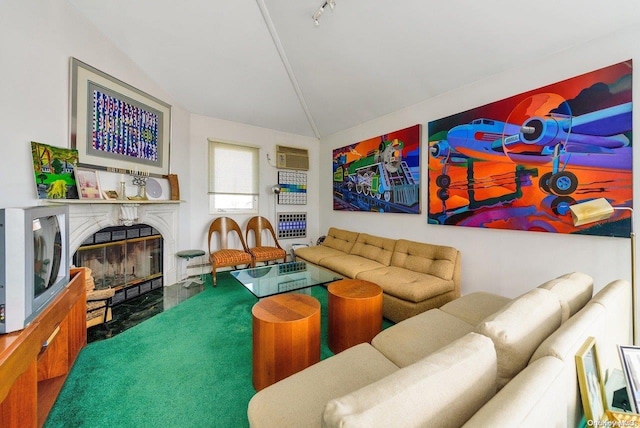 living room featuring lofted ceiling