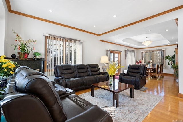 living room with a tray ceiling, light hardwood / wood-style flooring, and ornamental molding