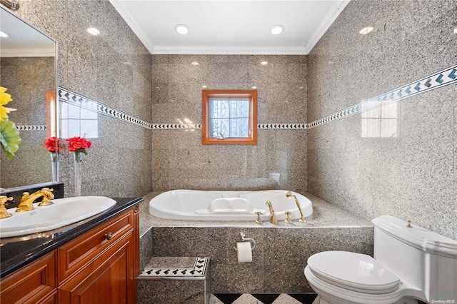 bathroom with ornamental molding, vanity, a relaxing tiled tub, tile walls, and toilet