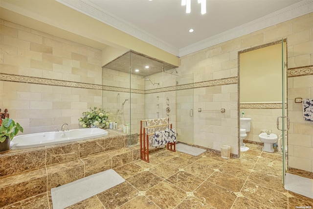 bathroom featuring a bidet, toilet, independent shower and bath, tile walls, and ornamental molding