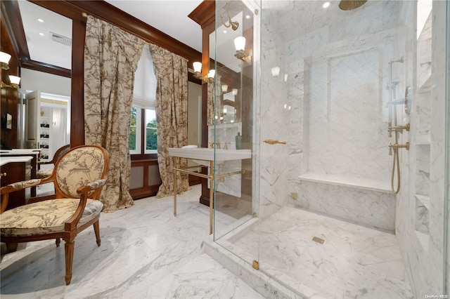 bathroom featuring walk in shower and ornamental molding