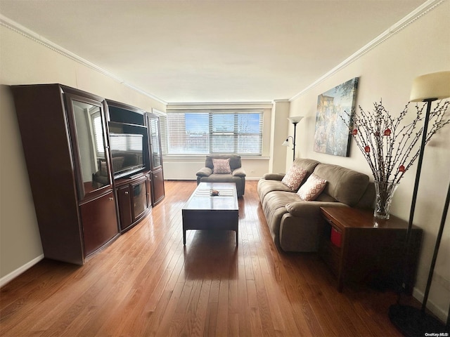 living room featuring wood-type flooring and crown molding