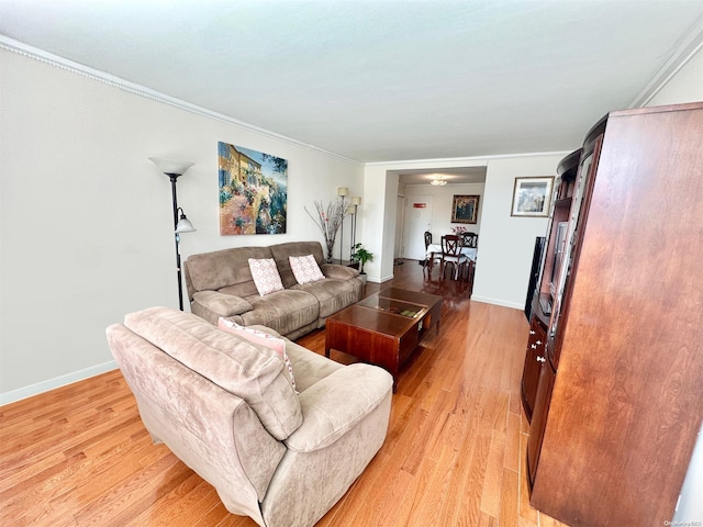 living room with light wood-type flooring and crown molding