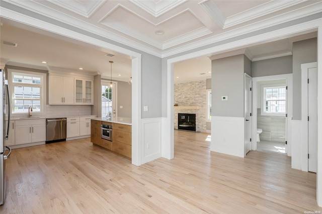 kitchen with plenty of natural light, light hardwood / wood-style flooring, decorative light fixtures, and appliances with stainless steel finishes