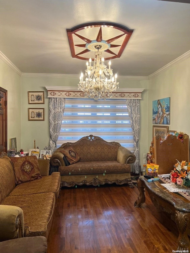 living room featuring a notable chandelier, dark hardwood / wood-style flooring, and crown molding