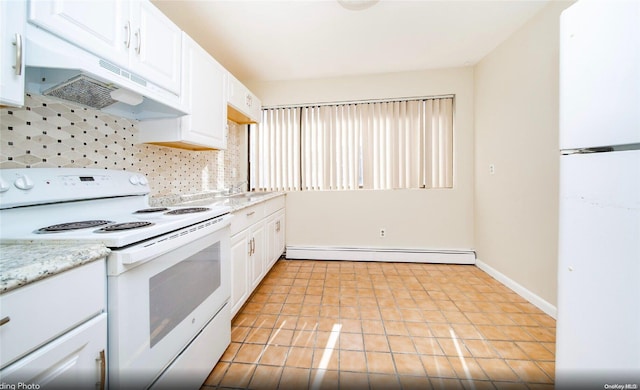 kitchen featuring white cabinetry, sink, baseboard heating, tasteful backsplash, and white appliances