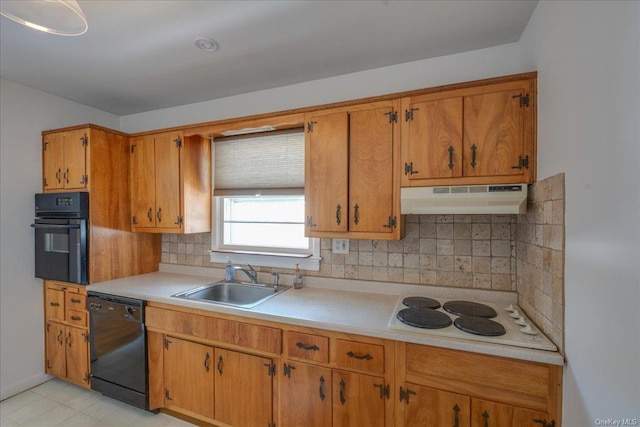 kitchen with tasteful backsplash, sink, and black appliances