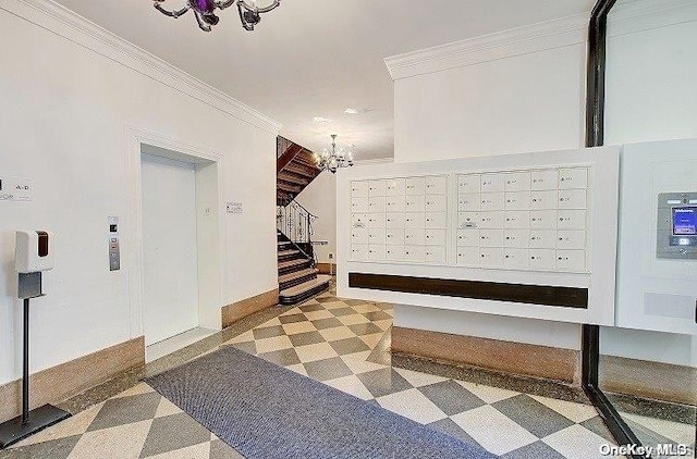 view of community with mail boxes and an inviting chandelier