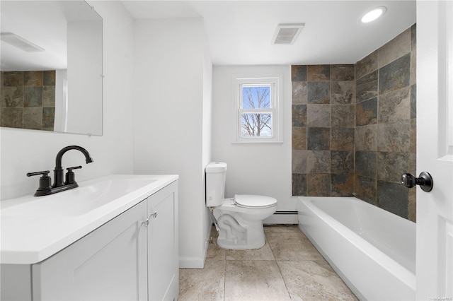 full bathroom with vanity, toilet, shower / tub combination, and a baseboard heating unit