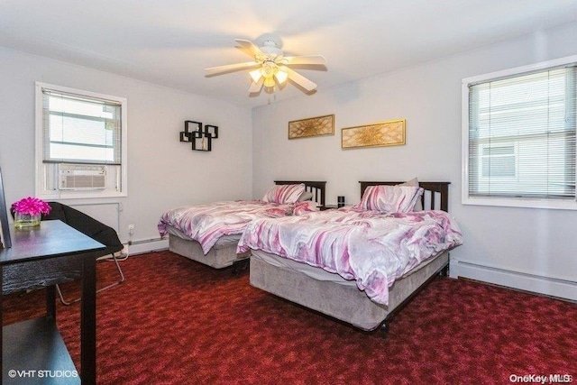 carpeted bedroom featuring multiple windows, ceiling fan, cooling unit, and a baseboard radiator