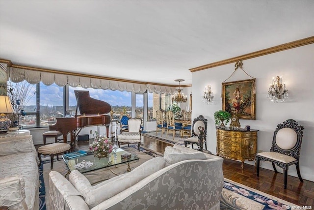 living room with a chandelier, dark parquet floors, and ornamental molding