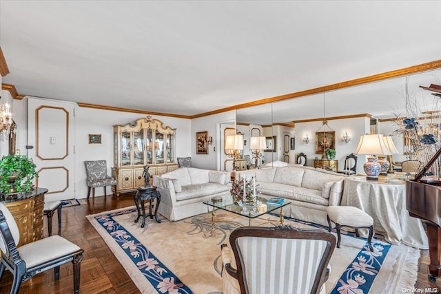 living room with dark parquet flooring and crown molding