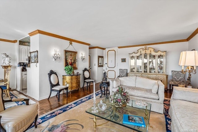 living room with crown molding and parquet floors