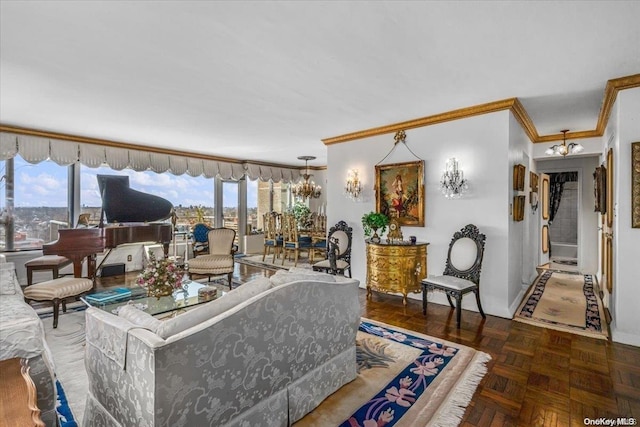 living room featuring dark parquet flooring, a healthy amount of sunlight, and ornamental molding