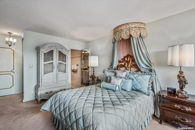 carpeted bedroom with an inviting chandelier