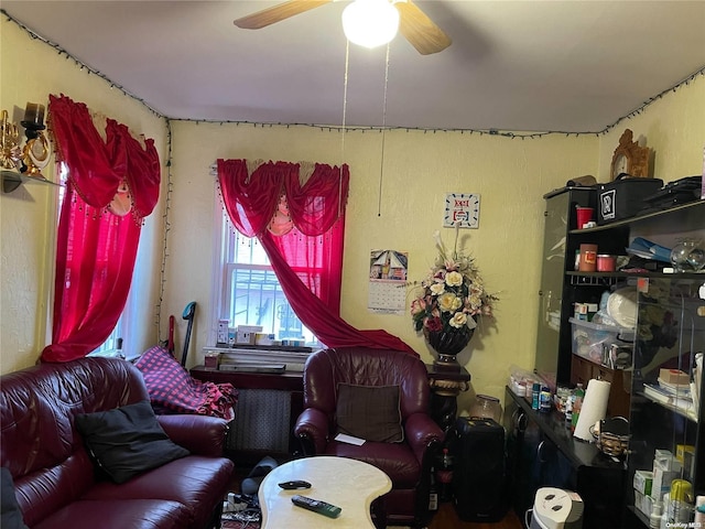 living room featuring ceiling fan