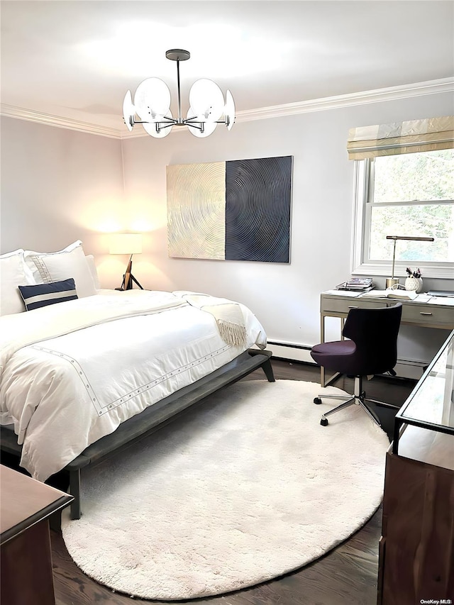 bedroom with hardwood / wood-style flooring, a notable chandelier, crown molding, and a baseboard heating unit