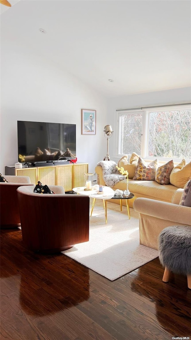 living room featuring hardwood / wood-style floors and vaulted ceiling