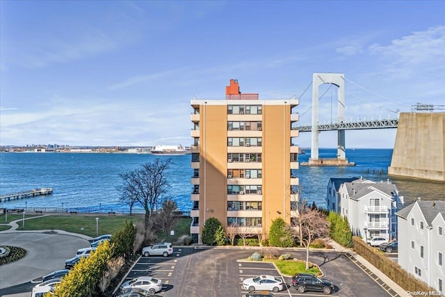 view of building exterior featuring a water view