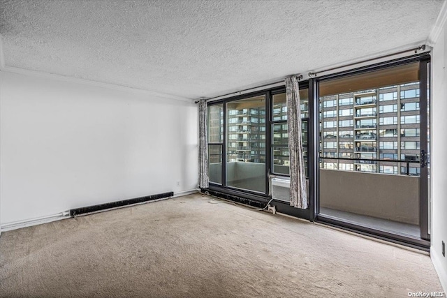 carpeted empty room featuring ornamental molding and a textured ceiling