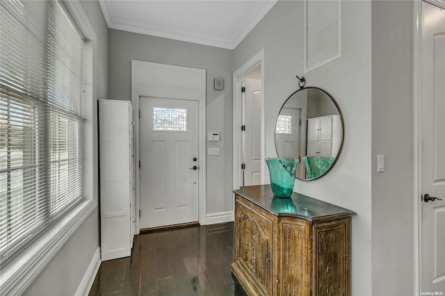 foyer entrance featuring ornamental molding, a wealth of natural light, and dark wood-type flooring