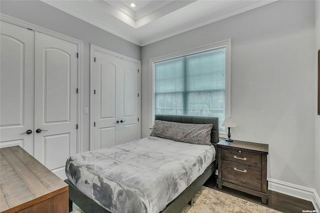 bedroom featuring dark hardwood / wood-style floors, crown molding, and two closets